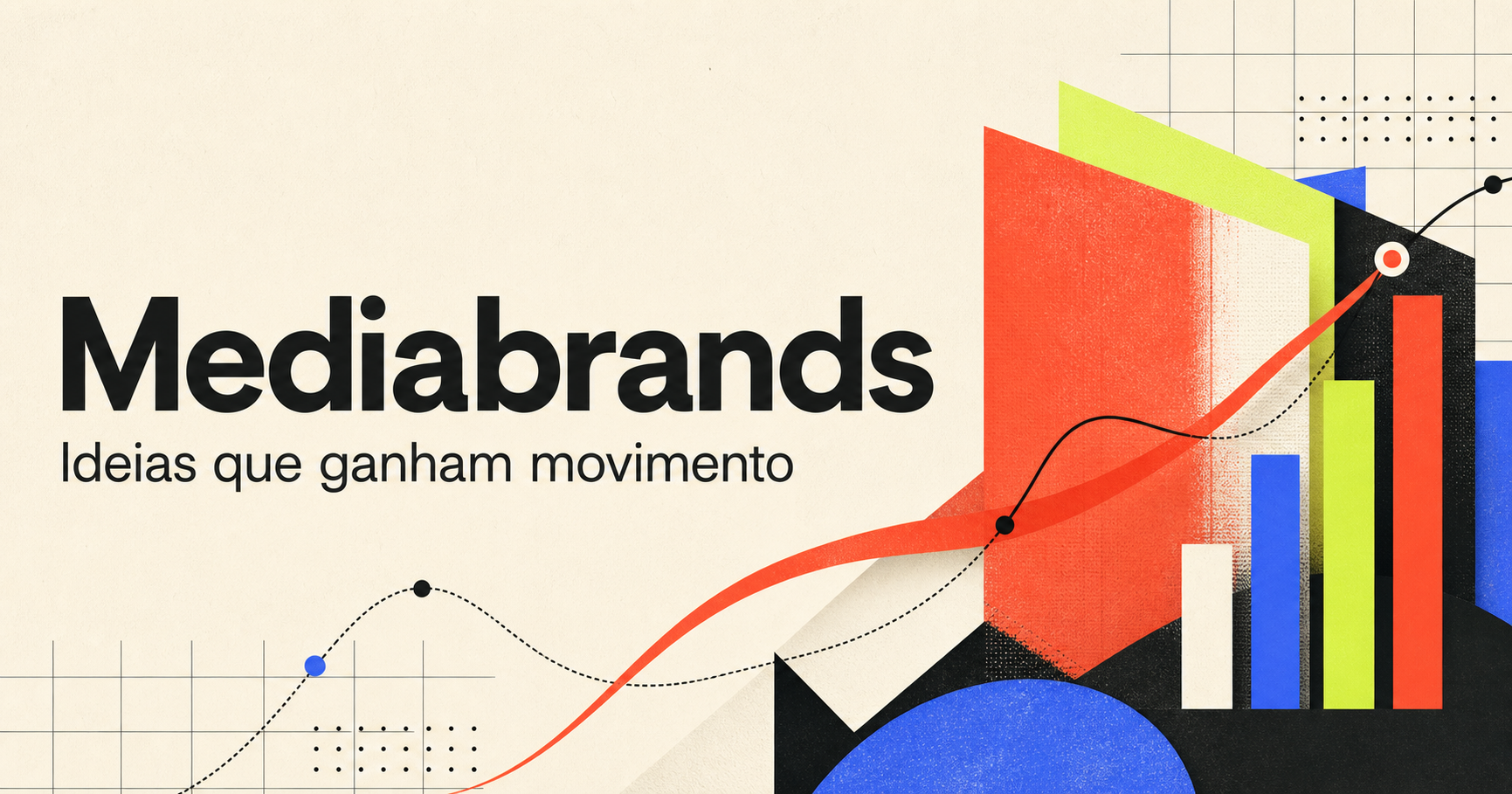 Composição editorial com gráficos coloridos representando crescimento e mídia